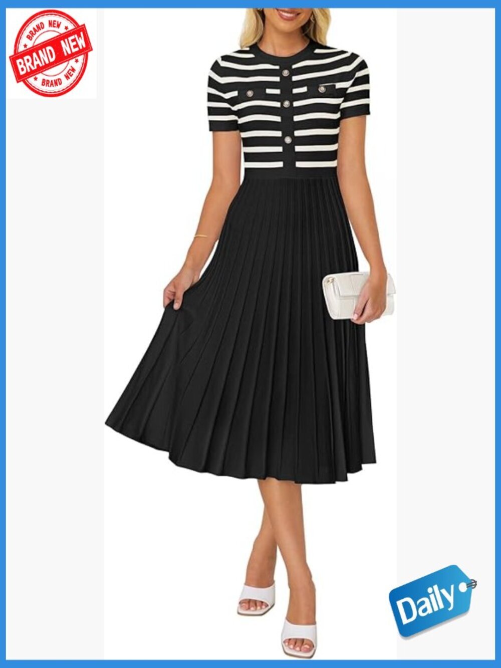 Striped Midi Dress Crewneck Short Sleeve Button Ribbed Knit Swing Pleated A Line